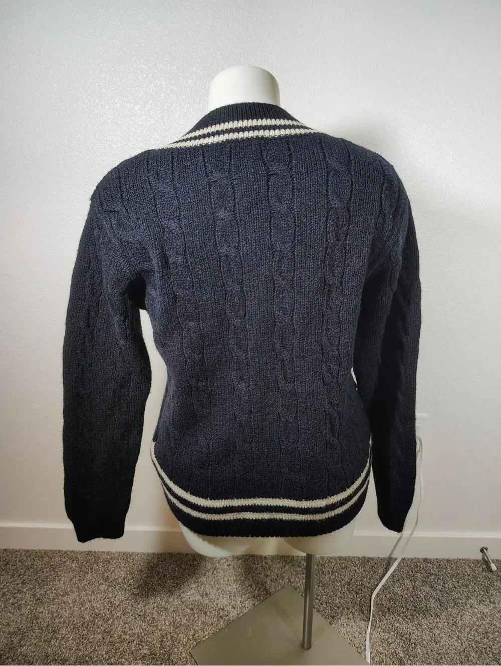 Brandy Melville Varsity Sweater Women's Medium Navy Wool Chunky Cable Knit Y2K